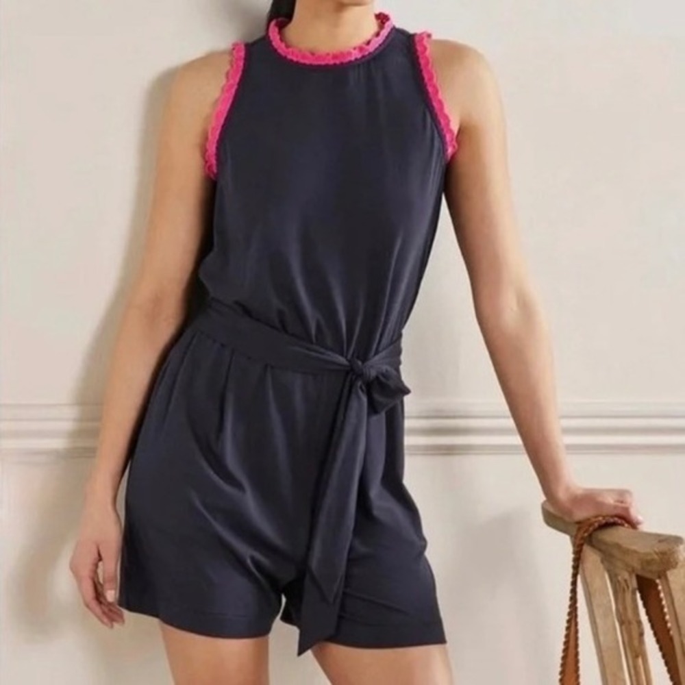 BODEN Caitlin Jersey Knit Romper Playsuit Crochet Trims Navy Blue Pink 8 Tall - Picture 6 of 16